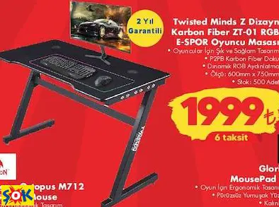 TWİSTED MİNDS Z DİZAYN KARBON FİBER ZT-01 RGB E-SPOR OYUNCU MASASI